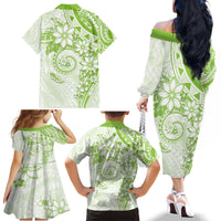 Polynesian Pattern With Plumeria Flowers Family Matching Off The Shoulder Long Sleeve Dress and Hawaiian Shirt Lime Green LT05 - Polynesian Pride