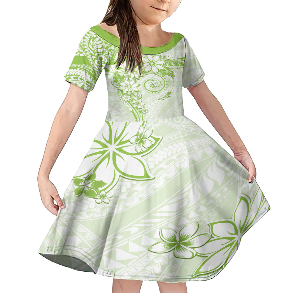 Polynesian Pattern With Plumeria Flowers Family Matching Off Shoulder Maxi Dress and Hawaiian Shirt Lime Green LT05 Daughter's Dress Lime Green - Polynesian Pride