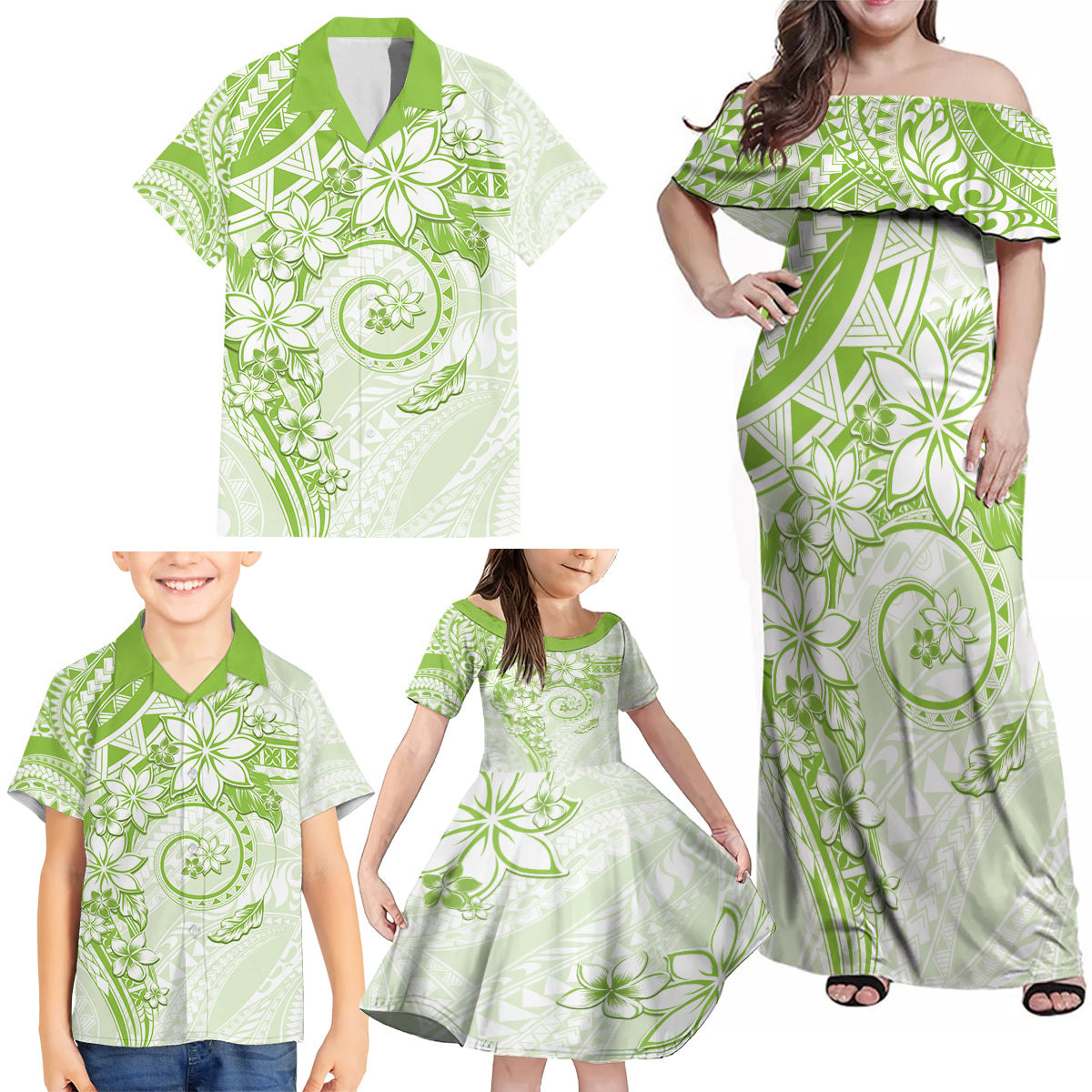 Polynesian Pattern With Plumeria Flowers Family Matching Off Shoulder Maxi Dress and Hawaiian Shirt Lime Green LT05 - Polynesian Pride