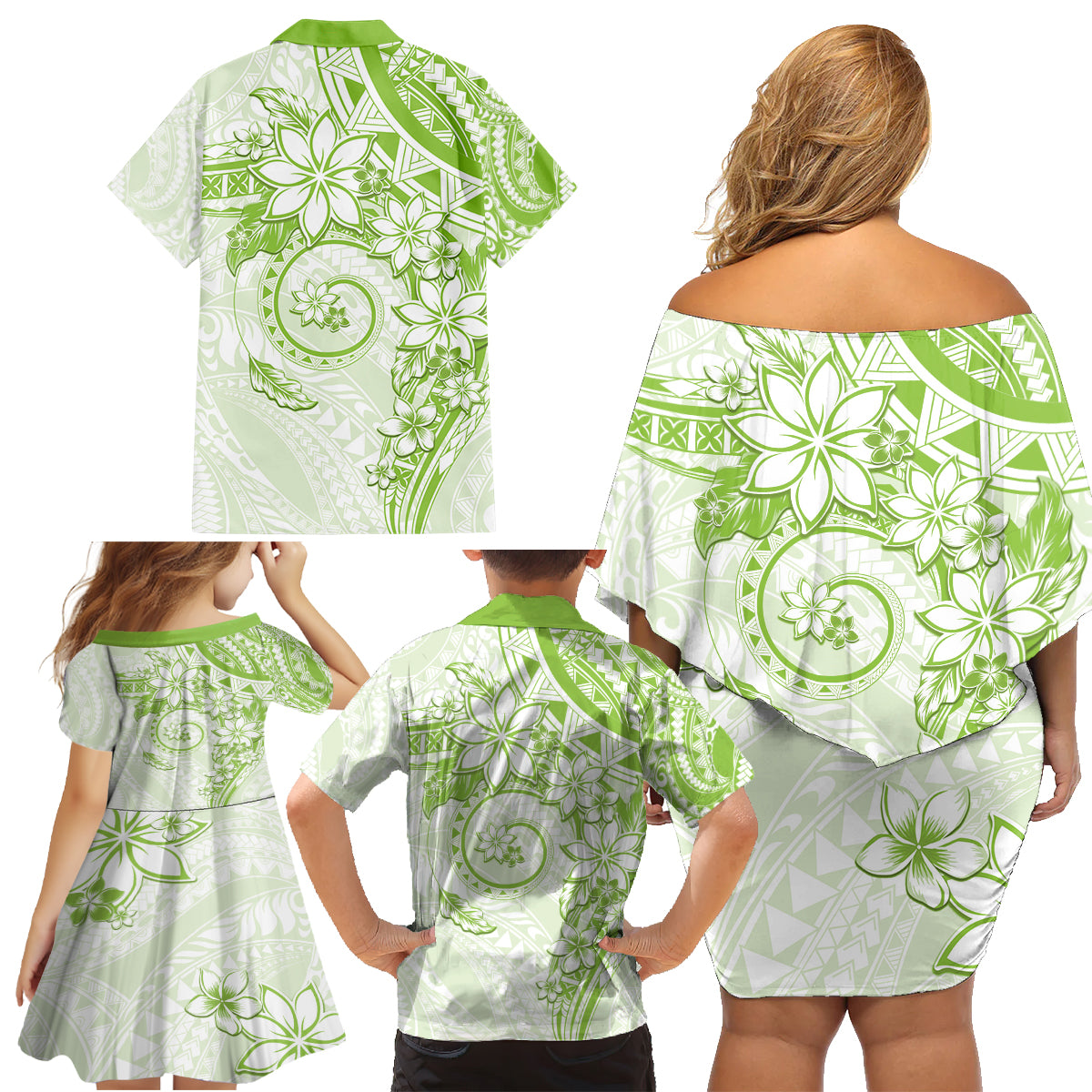 Polynesian Pattern With Plumeria Flowers Family Matching Off Shoulder Short Dress and Hawaiian Shirt Lime Green LT05 - Polynesian Pride