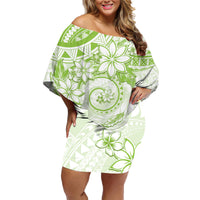 Polynesian Pattern With Plumeria Flowers Family Matching Off Shoulder Short Dress and Hawaiian Shirt Lime Green LT05 Mom's Dress Lime Green - Polynesian Pride