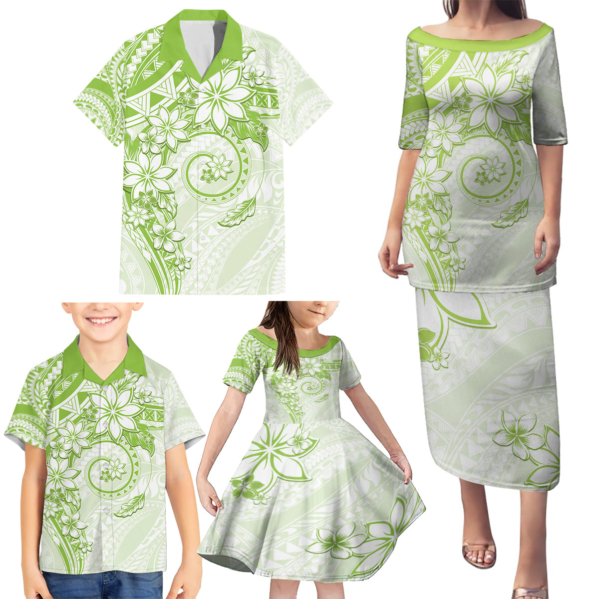 Polynesian Pattern With Plumeria Flowers Family Matching Puletasi and Hawaiian Shirt Lime Green LT05 - Polynesian Pride