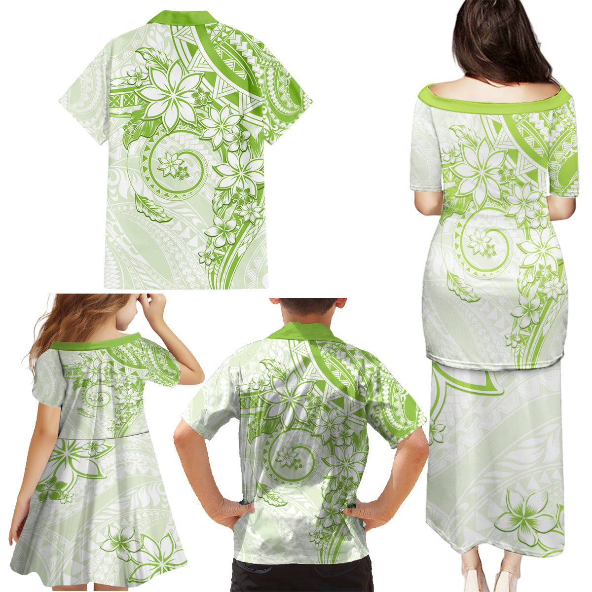 Polynesian Pattern With Plumeria Flowers Family Matching Puletasi and Hawaiian Shirt Lime Green LT05 - Polynesian Pride