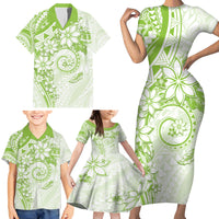Polynesian Pattern With Plumeria Flowers Family Matching Short Sleeve Bodycon Dress and Hawaiian Shirt Lime Green LT05 - Polynesian Pride