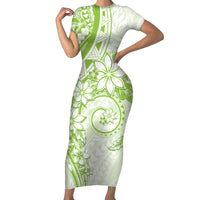 Polynesian Pattern With Plumeria Flowers Family Matching Short Sleeve Bodycon Dress and Hawaiian Shirt Lime Green LT05 Mom's Dress Lime Green - Polynesian Pride