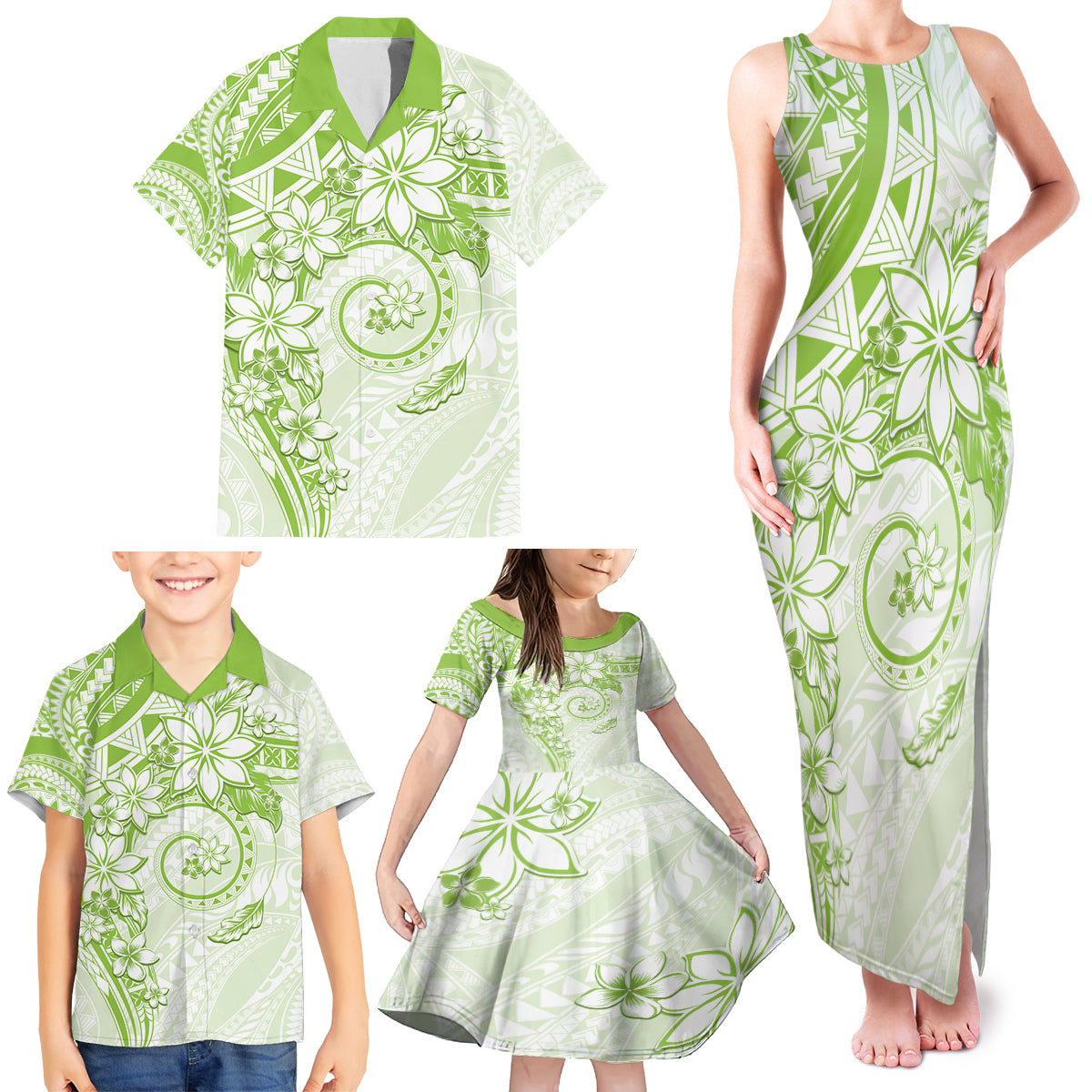 Polynesian Pattern With Plumeria Flowers Family Matching Tank Maxi Dress and Hawaiian Shirt Lime Green LT05 - Polynesian Pride