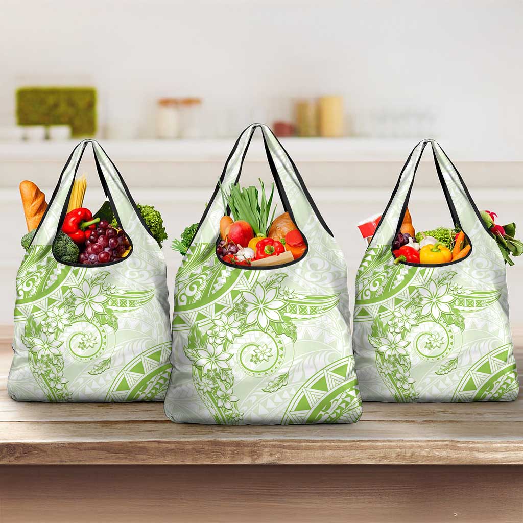 Polynesian Pattern With Plumeria Flowers Grocery Bag Lime Green