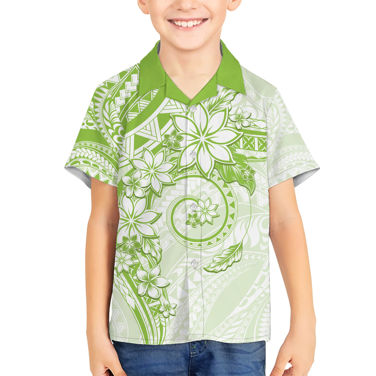 Polynesian Pattern With Plumeria Flowers Kid Hawaiian Shirt Lime Green LT05 Kid Lime Green - Polynesian Pride