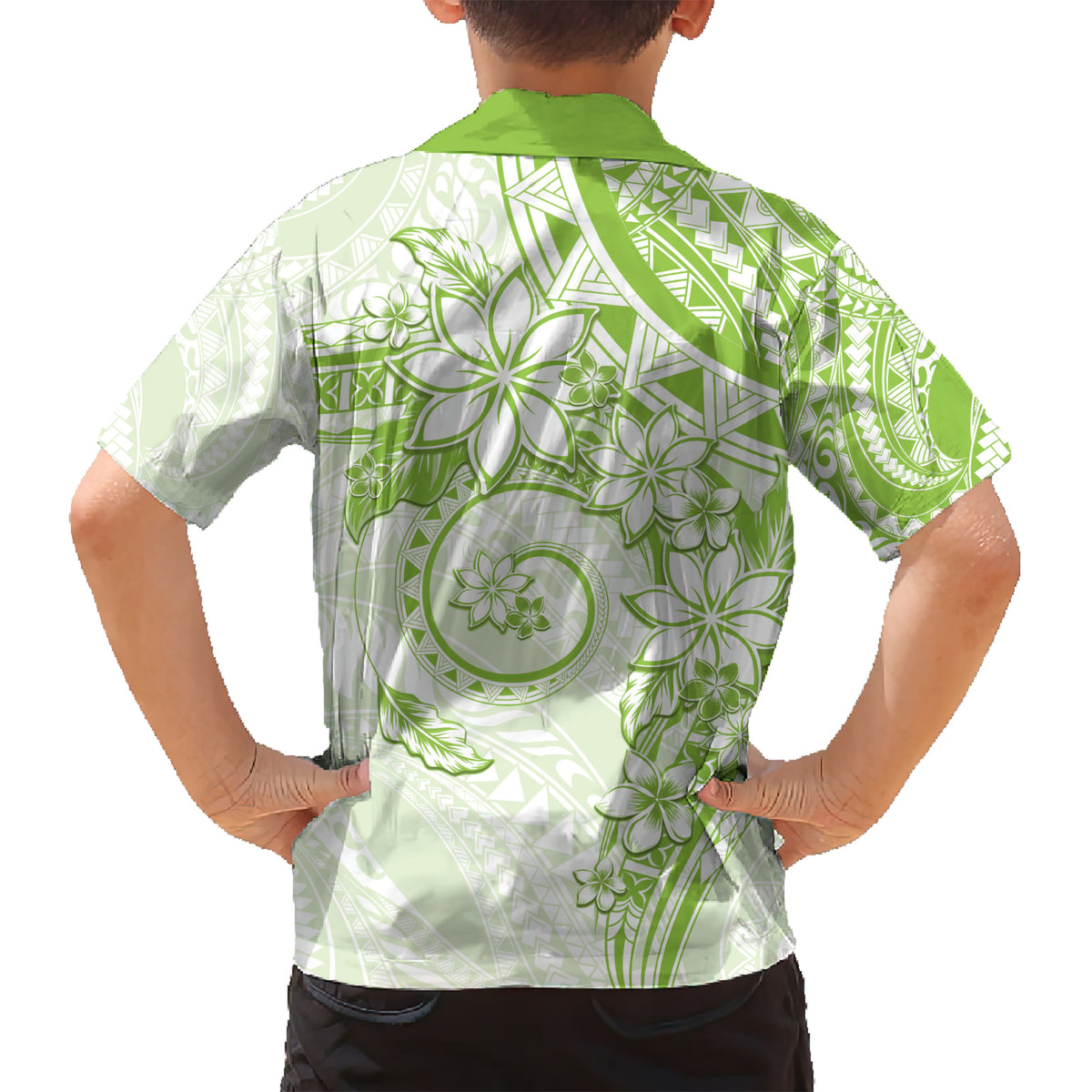Polynesian Pattern With Plumeria Flowers Kid Hawaiian Shirt Lime Green LT05 - Polynesian Pride