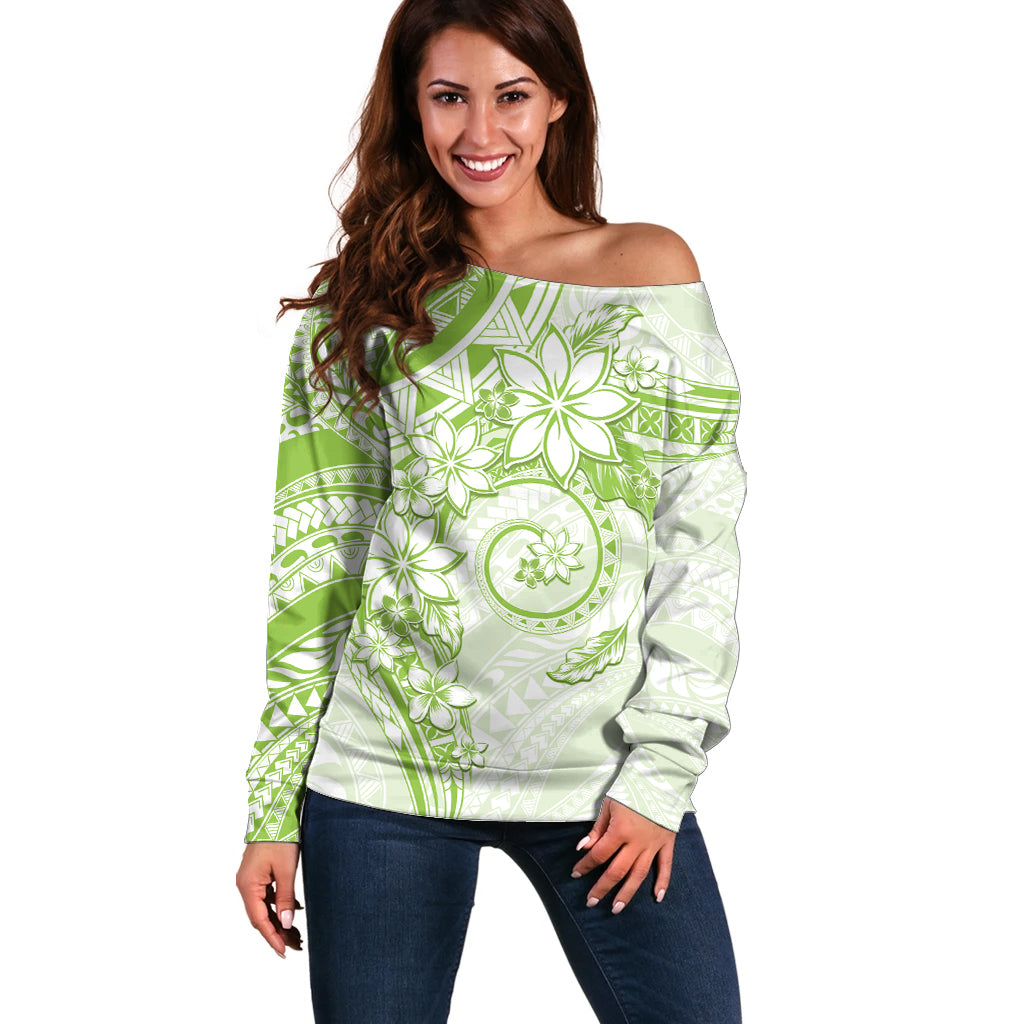 Polynesian Pattern With Plumeria Flowers Off Shoulder Sweater Lime Green LT05 Women Lime Green - Polynesian Pride