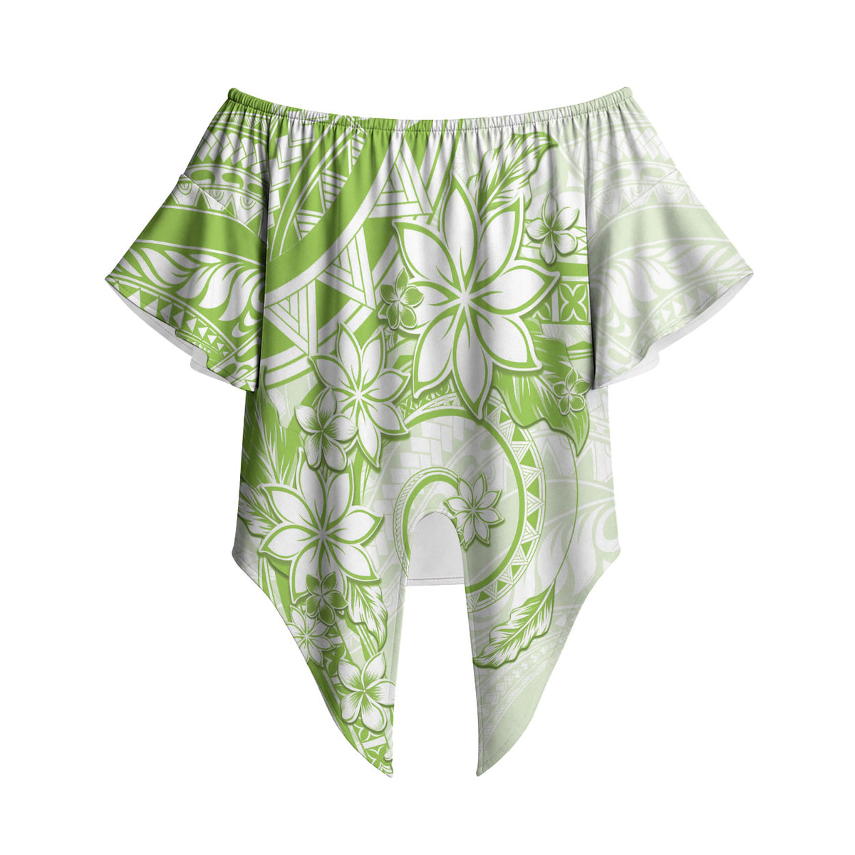 Polynesian Pattern With Plumeria Flowers Off Shoulder Wrap Waist Top Lime Green LT05 Lime Green - Polynesian Pride