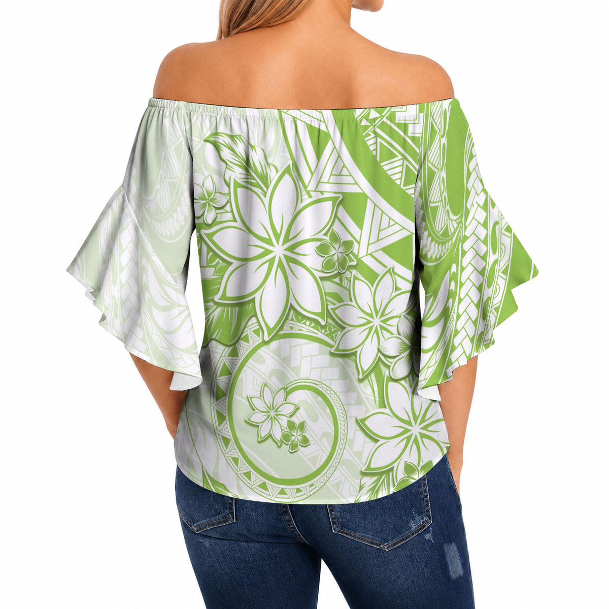 Polynesian Pattern With Plumeria Flowers Off Shoulder Wrap Waist Top Lime Green LT05 - Polynesian Pride