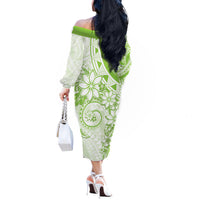 Polynesian Pattern With Plumeria Flowers Off The Shoulder Long Sleeve Dress Lime Green