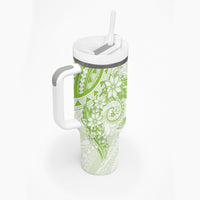 Lime Green Polynesian Pattern With Plumeria Flowers Tumbler With Handle