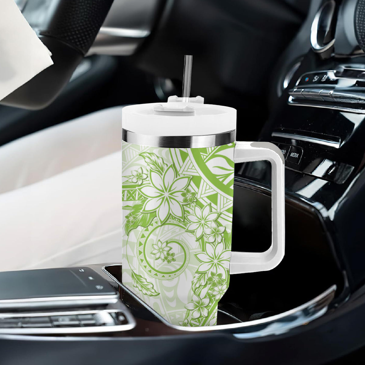Lime Green Polynesian Pattern With Plumeria Flowers Tumbler With Handle
