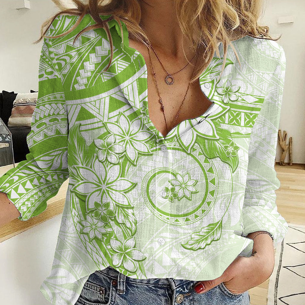 Polynesian Pattern With Plumeria Flowers Women Casual Shirt Lime Green LT05 Female Lime Green - Polynesian Pride