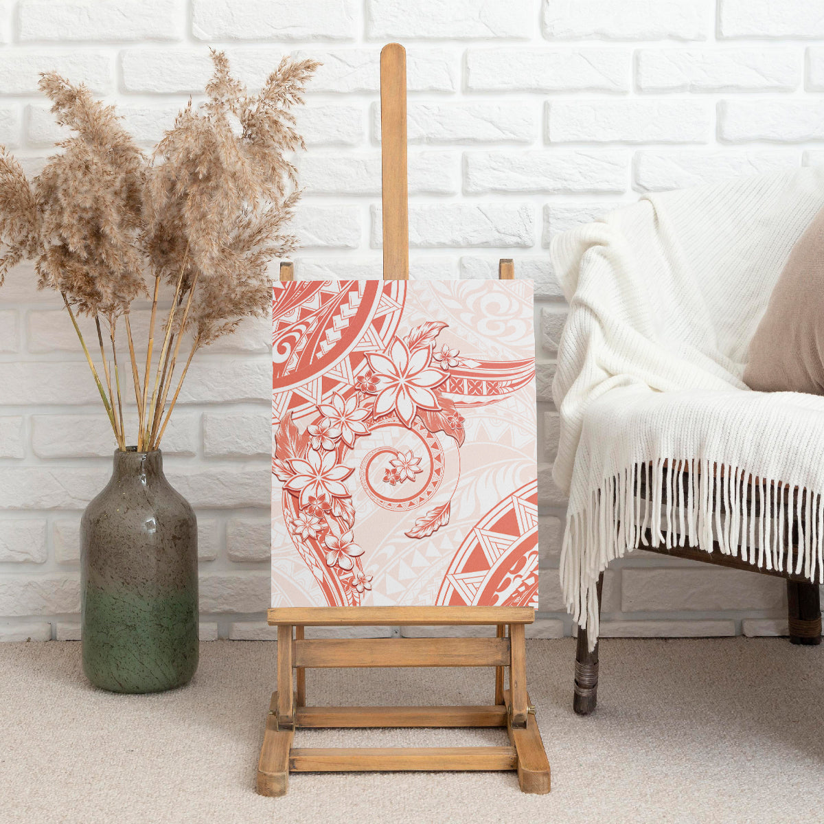 Polynesian Pattern With Plumeria Flowers Canvas Wall Art Orange Peach