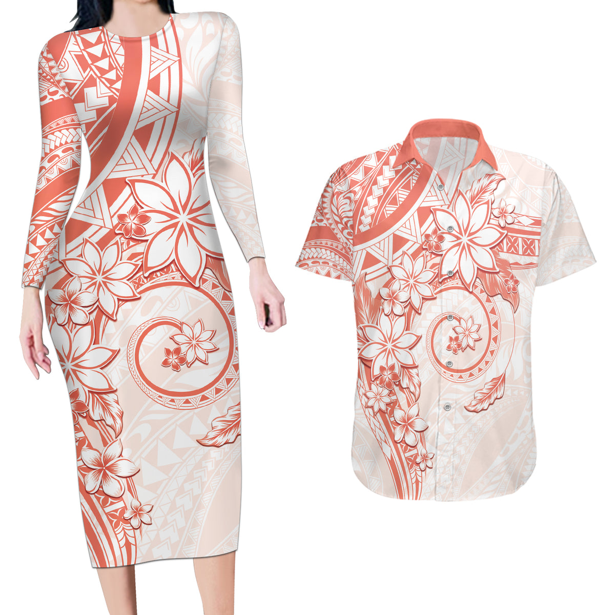 Polynesian Pattern With Plumeria Flowers Couples Matching Long Sleeve Bodycon Dress and Hawaiian Shirt Orange Peach LT05 Peach - Polynesian Pride