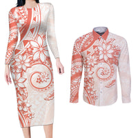 Polynesian Pattern With Plumeria Flowers Couples Matching Long Sleeve Bodycon Dress and Long Sleeve Button Shirt Orange Peach