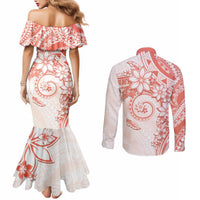 Polynesian Pattern With Plumeria Flowers Couples Matching Mermaid Dress and Long Sleeve Button Shirt Orange Peach