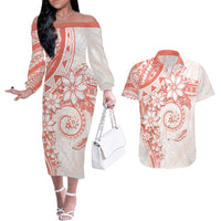 Polynesian Pattern With Plumeria Flowers Couples Matching Off The Shoulder Long Sleeve Dress and Hawaiian Shirt Orange Peach LT05 Peach - Polynesian Pride