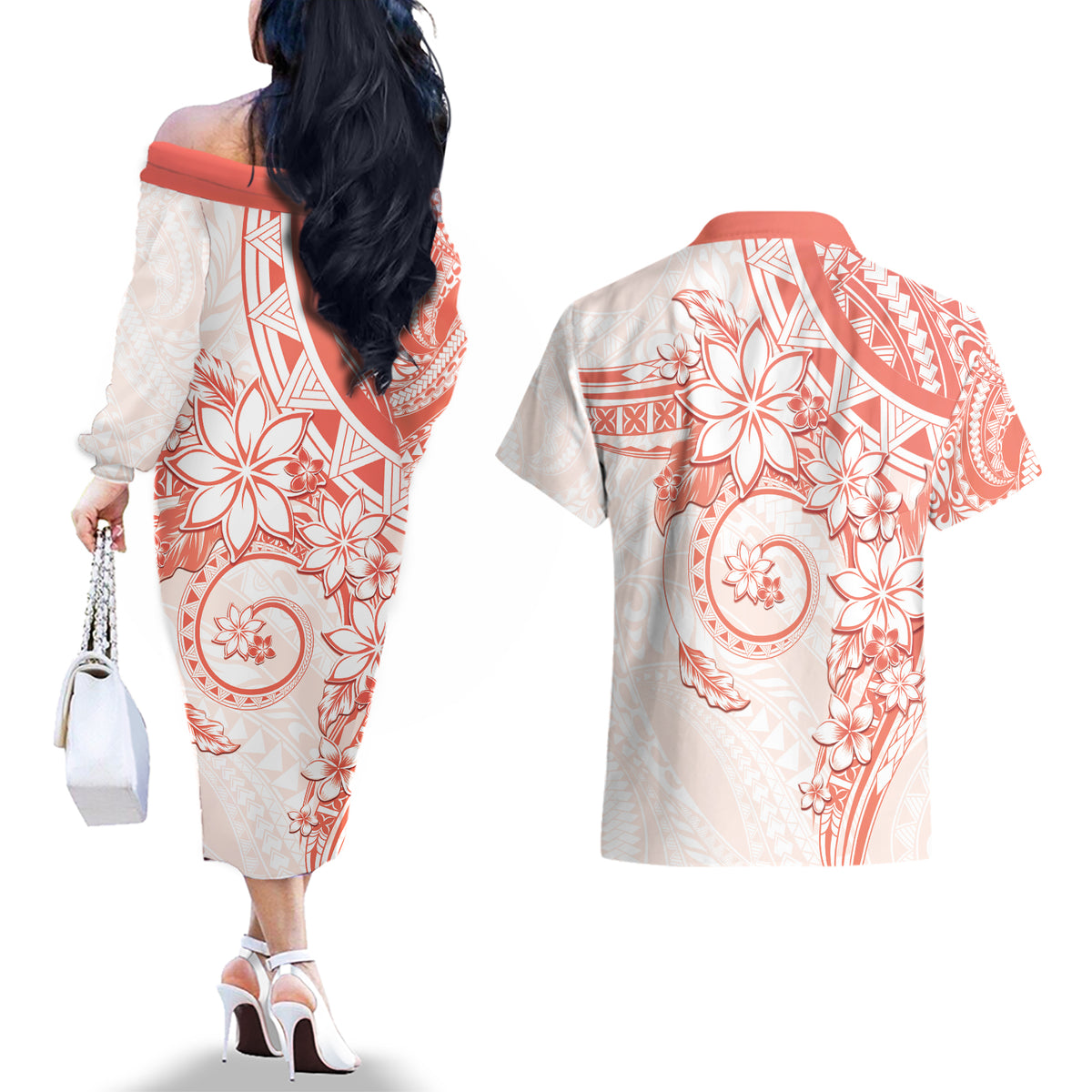 Polynesian Pattern With Plumeria Flowers Couples Matching Off The Shoulder Long Sleeve Dress and Hawaiian Shirt Orange Peach LT05 - Polynesian Pride