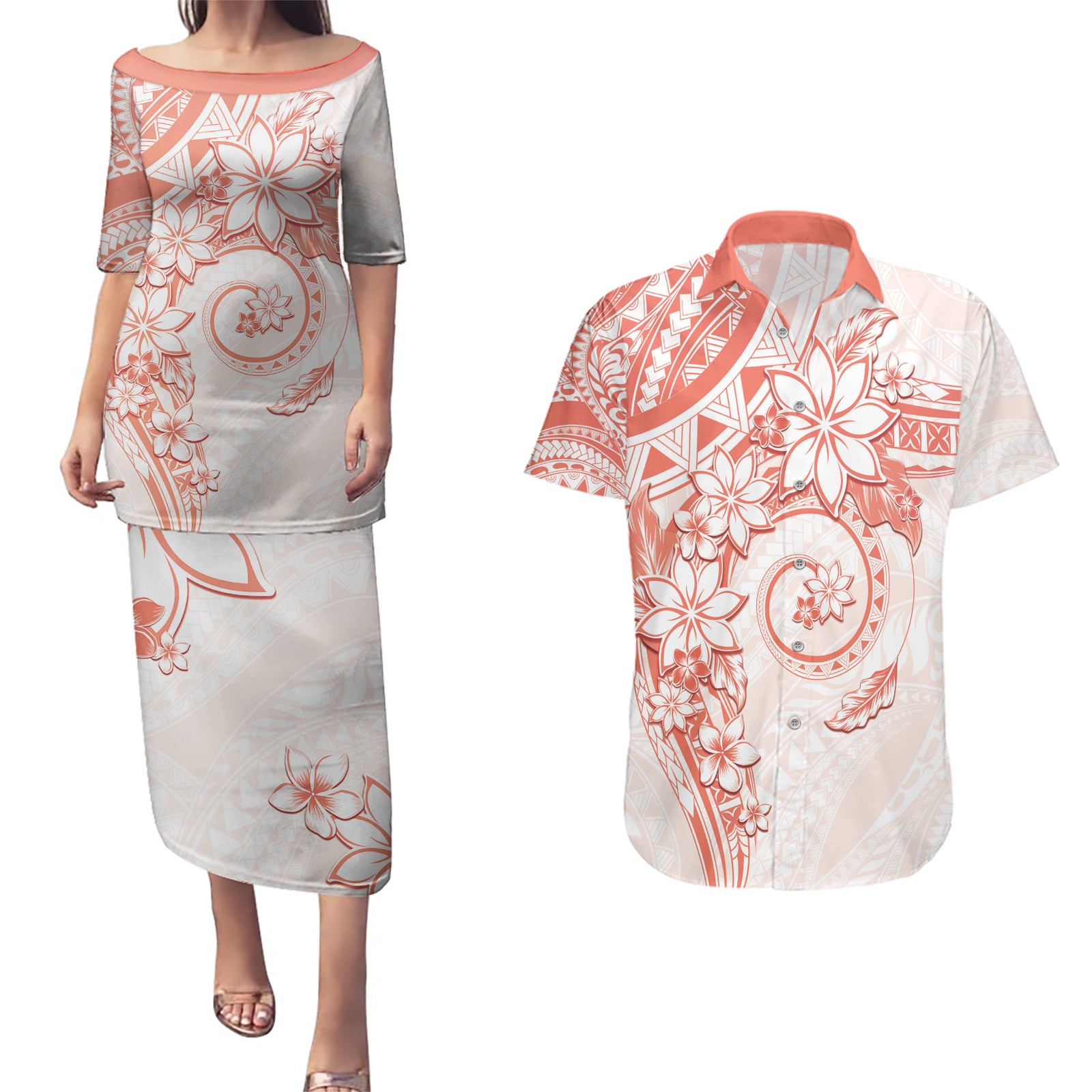 Polynesian Pattern With Plumeria Flowers Couples Matching Puletasi and Hawaiian Shirt Orange Peach