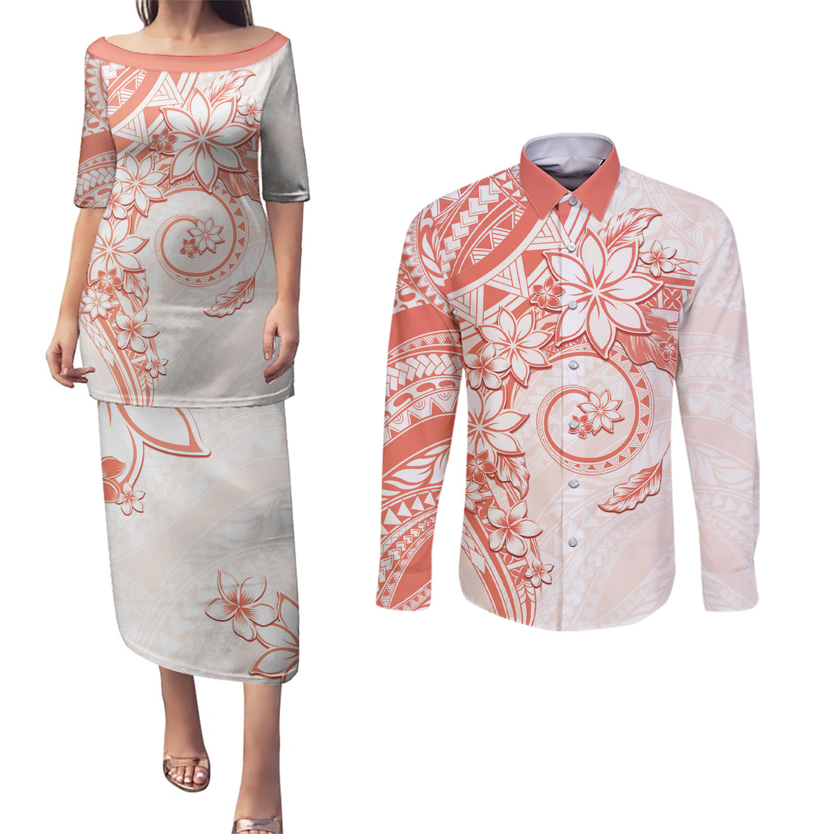 Polynesian Pattern With Plumeria Flowers Couples Matching Puletasi and Long Sleeve Button Shirt Orange Peach