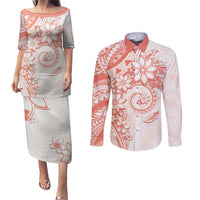 Polynesian Pattern With Plumeria Flowers Couples Matching Puletasi and Long Sleeve Button Shirt Orange Peach