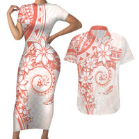 Polynesian Pattern With Plumeria Flowers Couples Matching Short Sleeve Bodycon Dress and Hawaiian Shirt Orange Peach LT05 Peach - Polynesian Pride