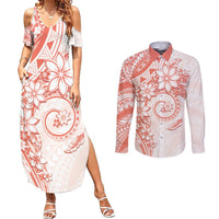 Polynesian Pattern With Plumeria Flowers Couples Matching Summer Maxi Dress and Long Sleeve Button Shirt Orange Peach