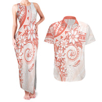 Polynesian Pattern With Plumeria Flowers Couples Matching Tank Maxi Dress and Hawaiian Shirt Orange Peach