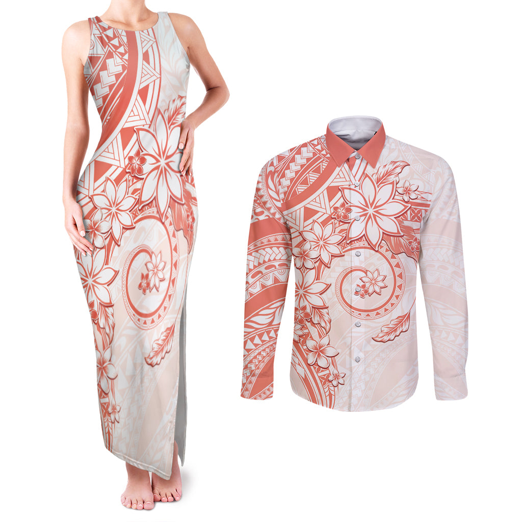 Polynesian Pattern With Plumeria Flowers Couples Matching Tank Maxi Dress and Long Sleeve Button Shirt Orange Peach