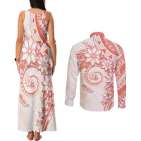 Polynesian Pattern With Plumeria Flowers Couples Matching Tank Maxi Dress and Long Sleeve Button Shirt Orange Peach