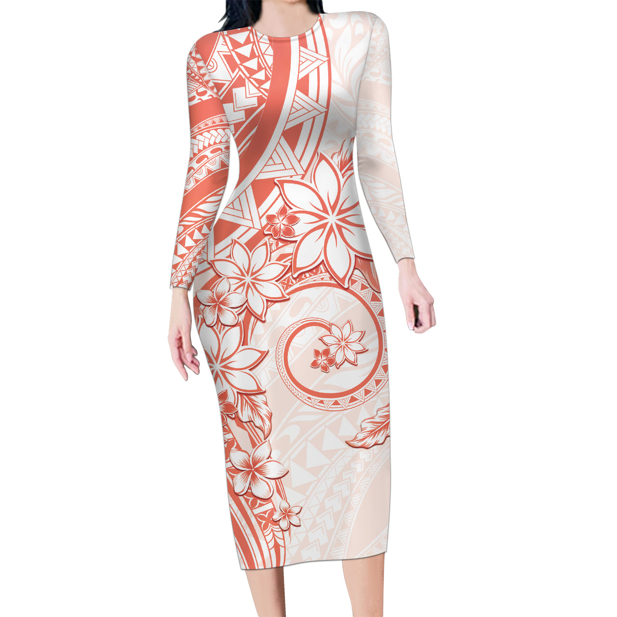 Polynesian Pattern With Plumeria Flowers Family Matching Long Sleeve Bodycon Dress and Hawaiian Shirt Orange Peach LT05 Mom's Dress Peach - Polynesian Pride