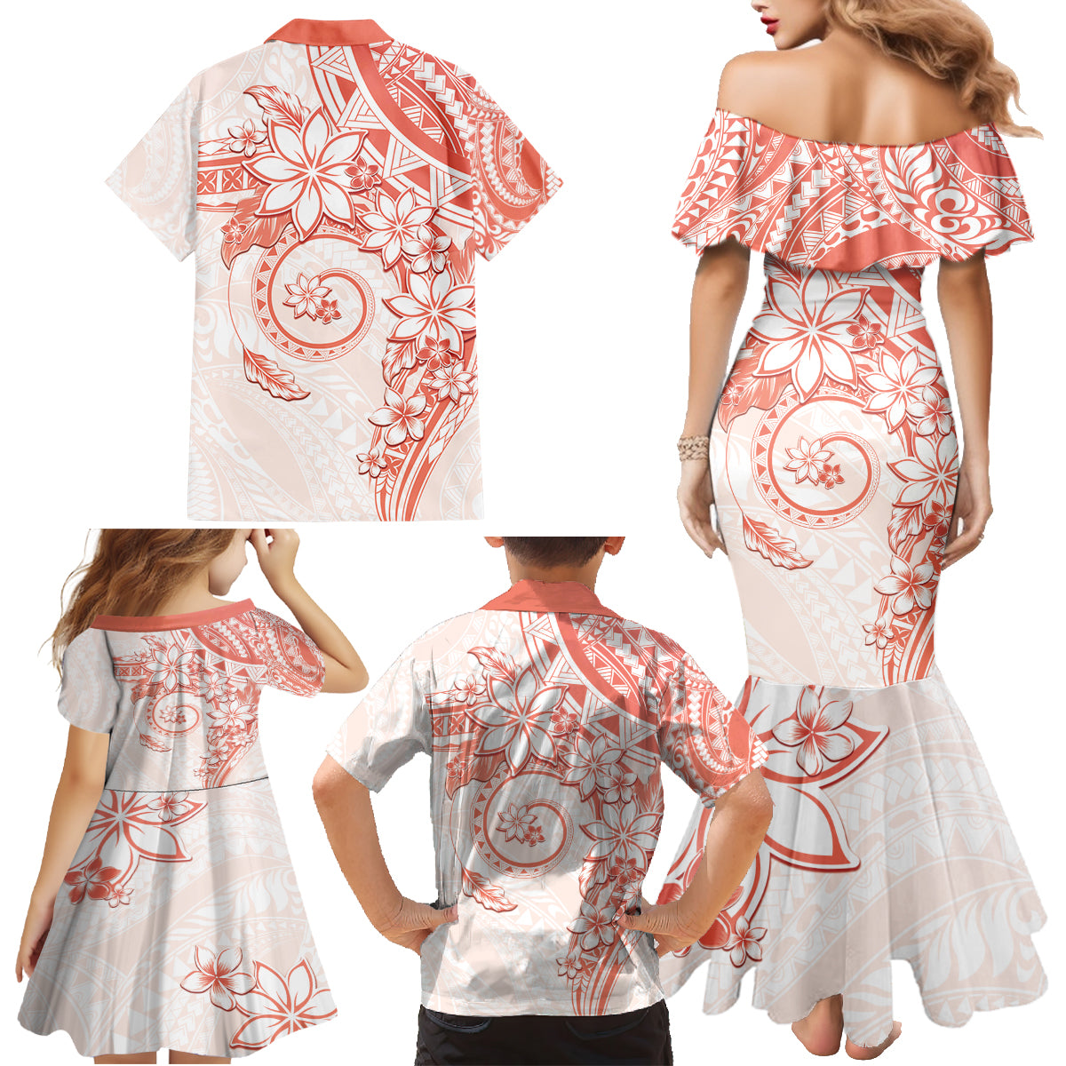 Polynesian Pattern With Plumeria Flowers Family Matching Mermaid Dress and Hawaiian Shirt Orange Peach LT05 - Polynesian Pride