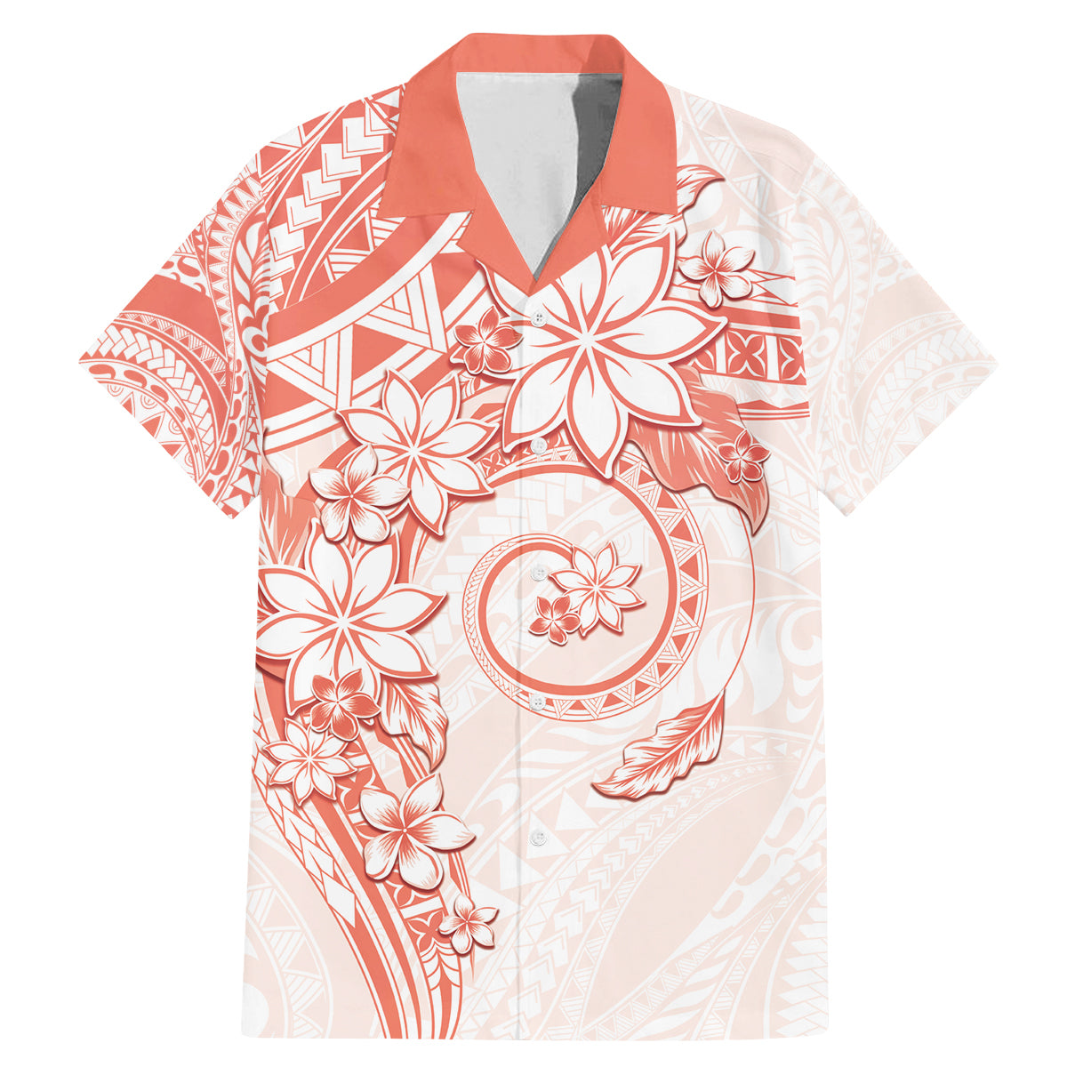 Polynesian Pattern With Plumeria Flowers Family Matching Mermaid Dress and Hawaiian Shirt Orange Peach LT05 Dad's Shirt - Short Sleeve Peach - Polynesian Pride