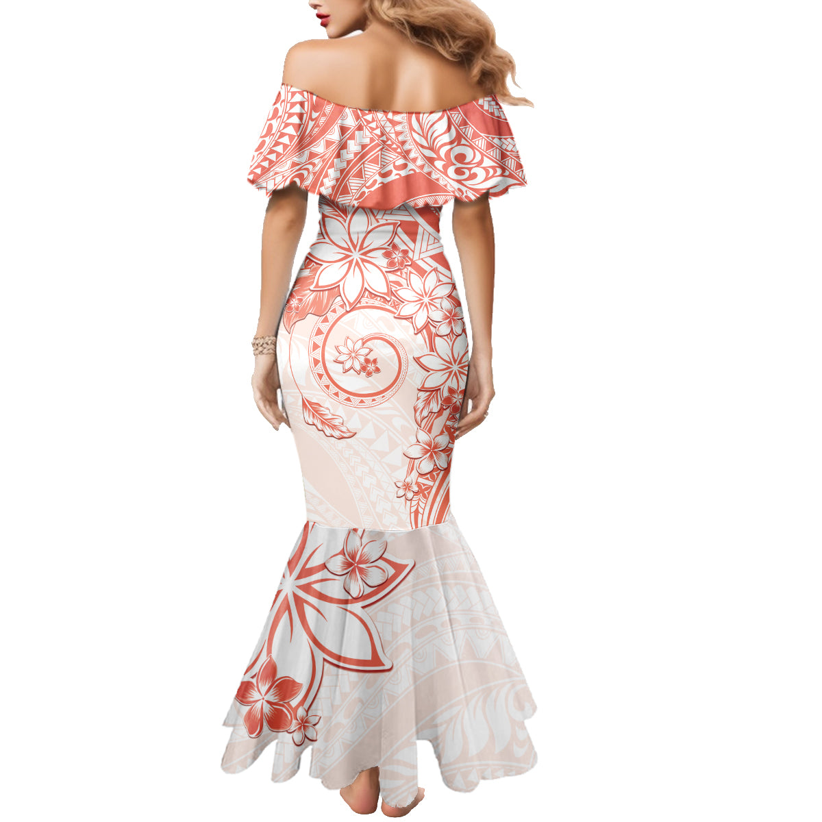 Polynesian Pattern With Plumeria Flowers Family Matching Mermaid Dress and Hawaiian Shirt Orange Peach LT05 - Polynesian Pride