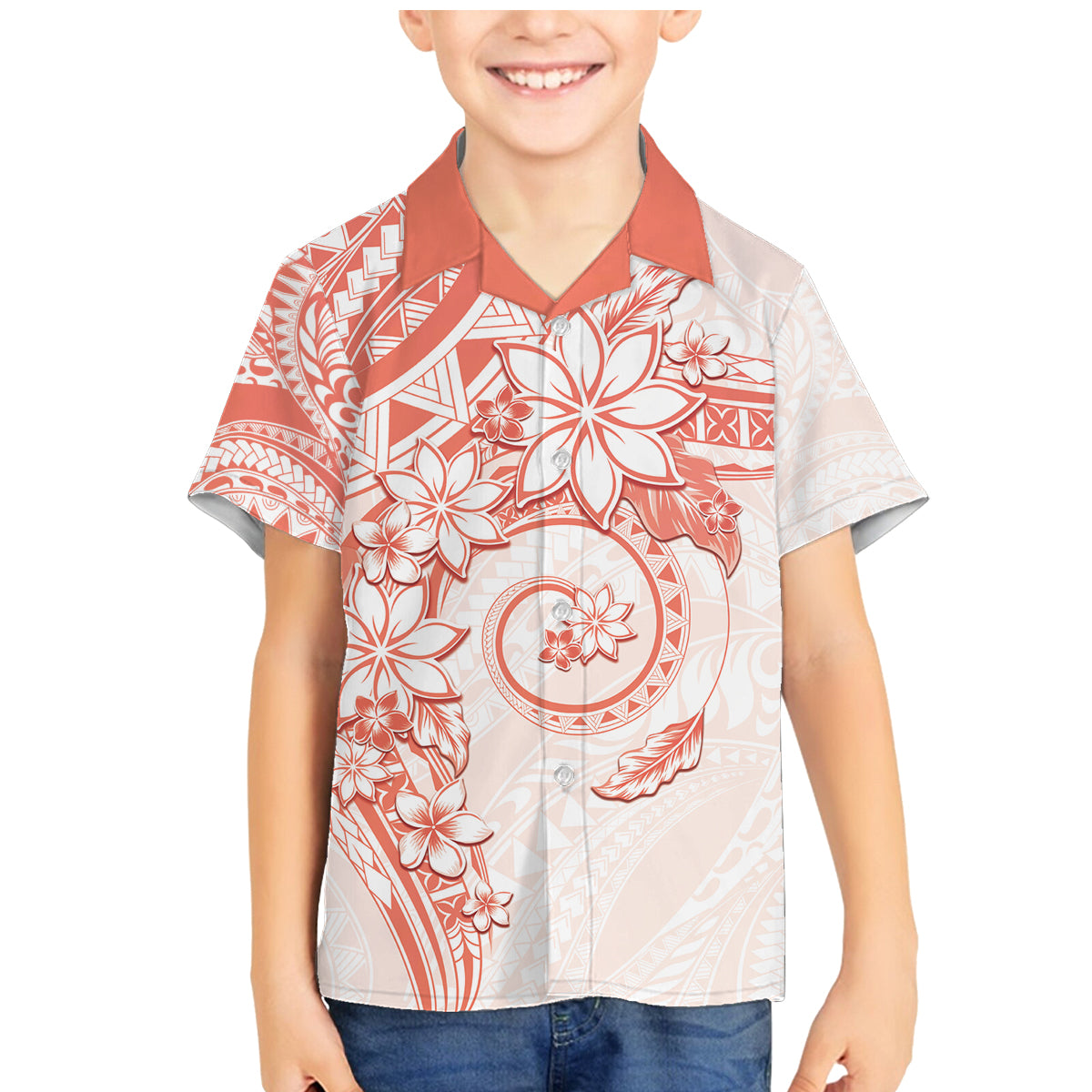 Polynesian Pattern With Plumeria Flowers Family Matching Mermaid Dress and Hawaiian Shirt Orange Peach LT05 Son's Shirt Peach - Polynesian Pride