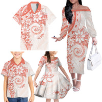 Polynesian Pattern With Plumeria Flowers Family Matching Off The Shoulder Long Sleeve Dress and Hawaiian Shirt Orange Peach LT05 - Polynesian Pride