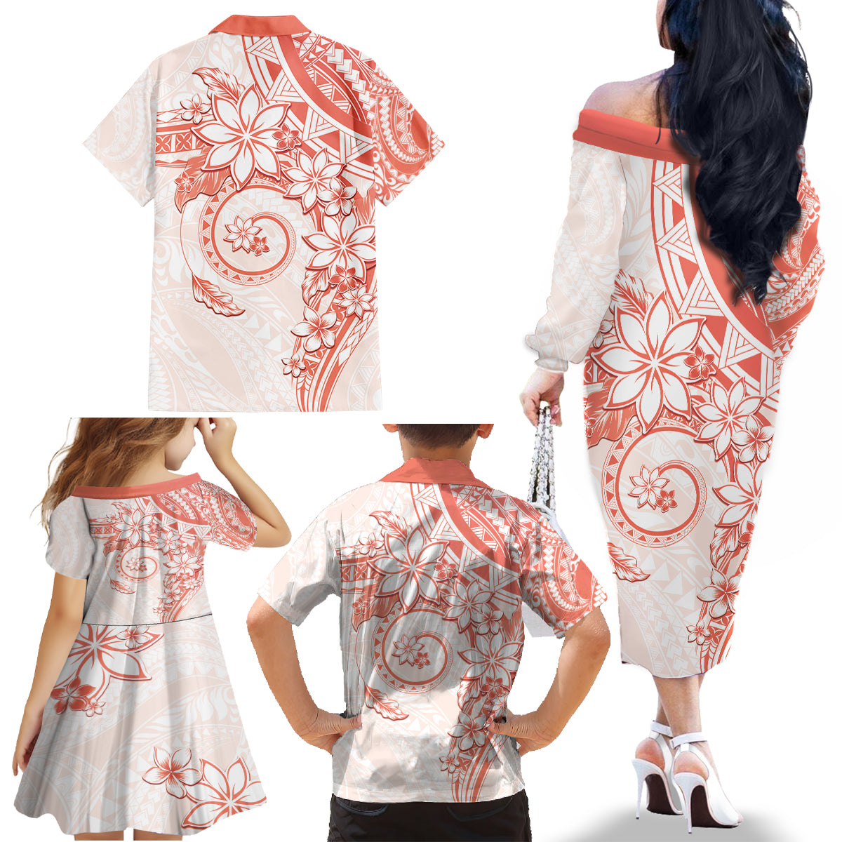Polynesian Pattern With Plumeria Flowers Family Matching Off The Shoulder Long Sleeve Dress and Hawaiian Shirt Orange Peach LT05 - Polynesian Pride