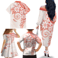 Polynesian Pattern With Plumeria Flowers Family Matching Off The Shoulder Long Sleeve Dress and Hawaiian Shirt Orange Peach LT05 - Polynesian Pride