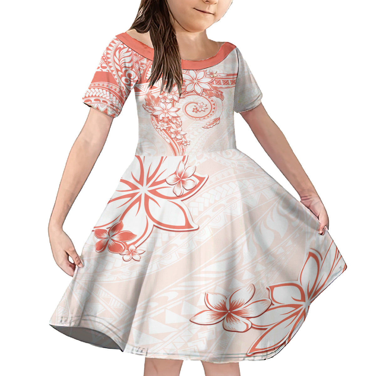 Polynesian Pattern With Plumeria Flowers Family Matching Puletasi and Hawaiian Shirt Orange Peach LT05 Daughter's Dress Peach - Polynesian Pride