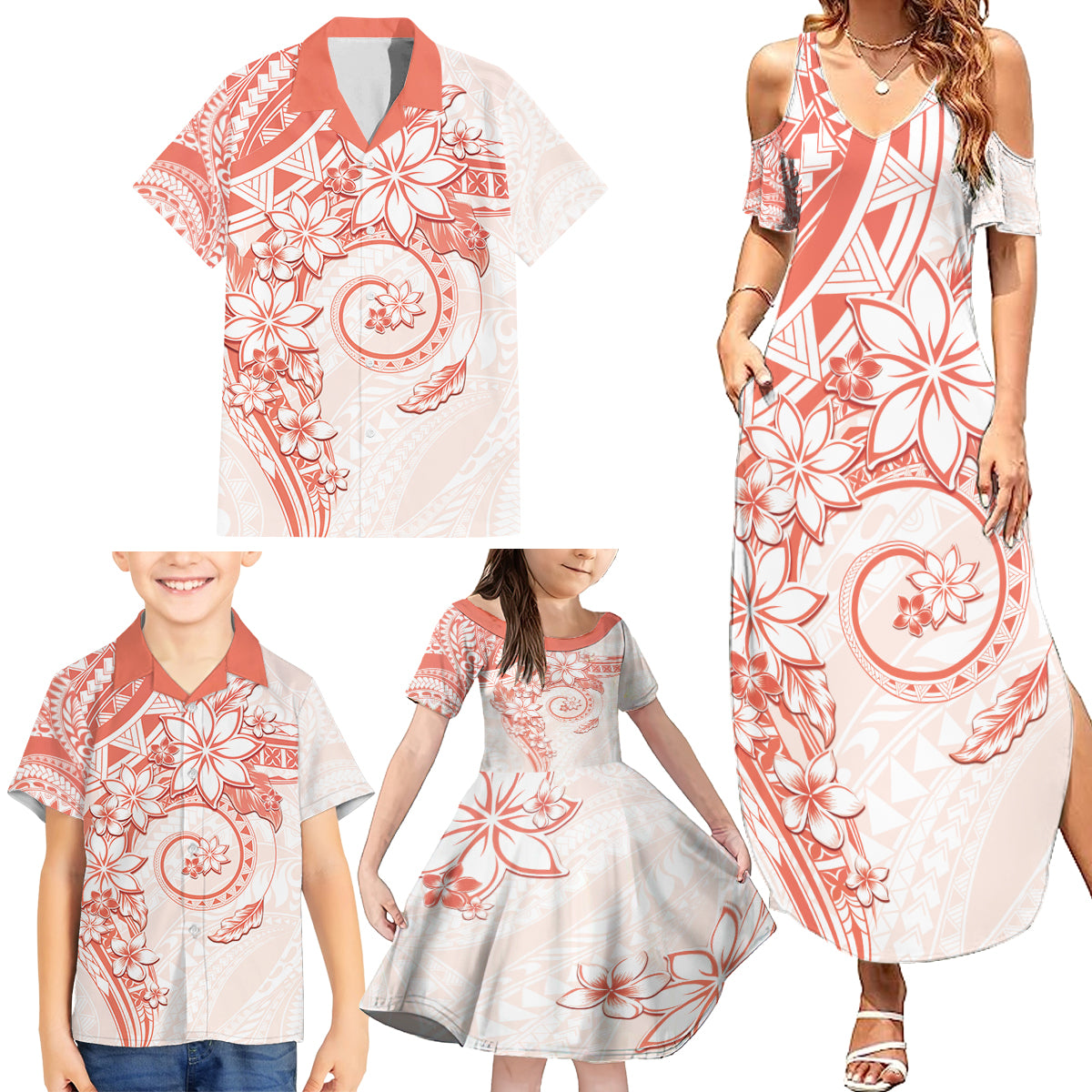 Polynesian Pattern With Plumeria Flowers Family Matching Summer Maxi Dress and Hawaiian Shirt Orange Peach LT05 - Polynesian Pride
