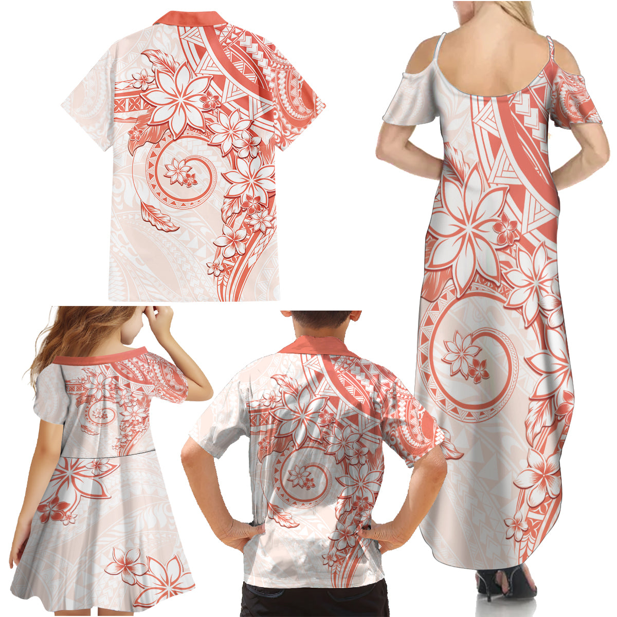 Polynesian Pattern With Plumeria Flowers Family Matching Summer Maxi Dress and Hawaiian Shirt Orange Peach LT05 - Polynesian Pride