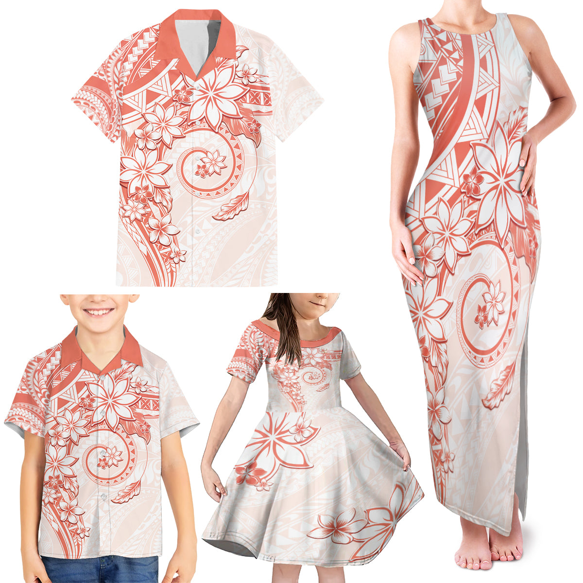 Polynesian Pattern With Plumeria Flowers Family Matching Tank Maxi Dress and Hawaiian Shirt Orange Peach LT05 - Polynesian Pride