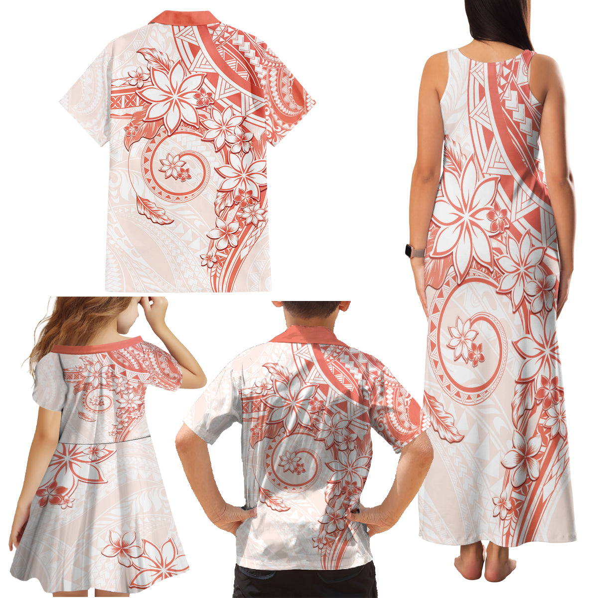 Polynesian Pattern With Plumeria Flowers Family Matching Tank Maxi Dress and Hawaiian Shirt Orange Peach LT05 - Polynesian Pride