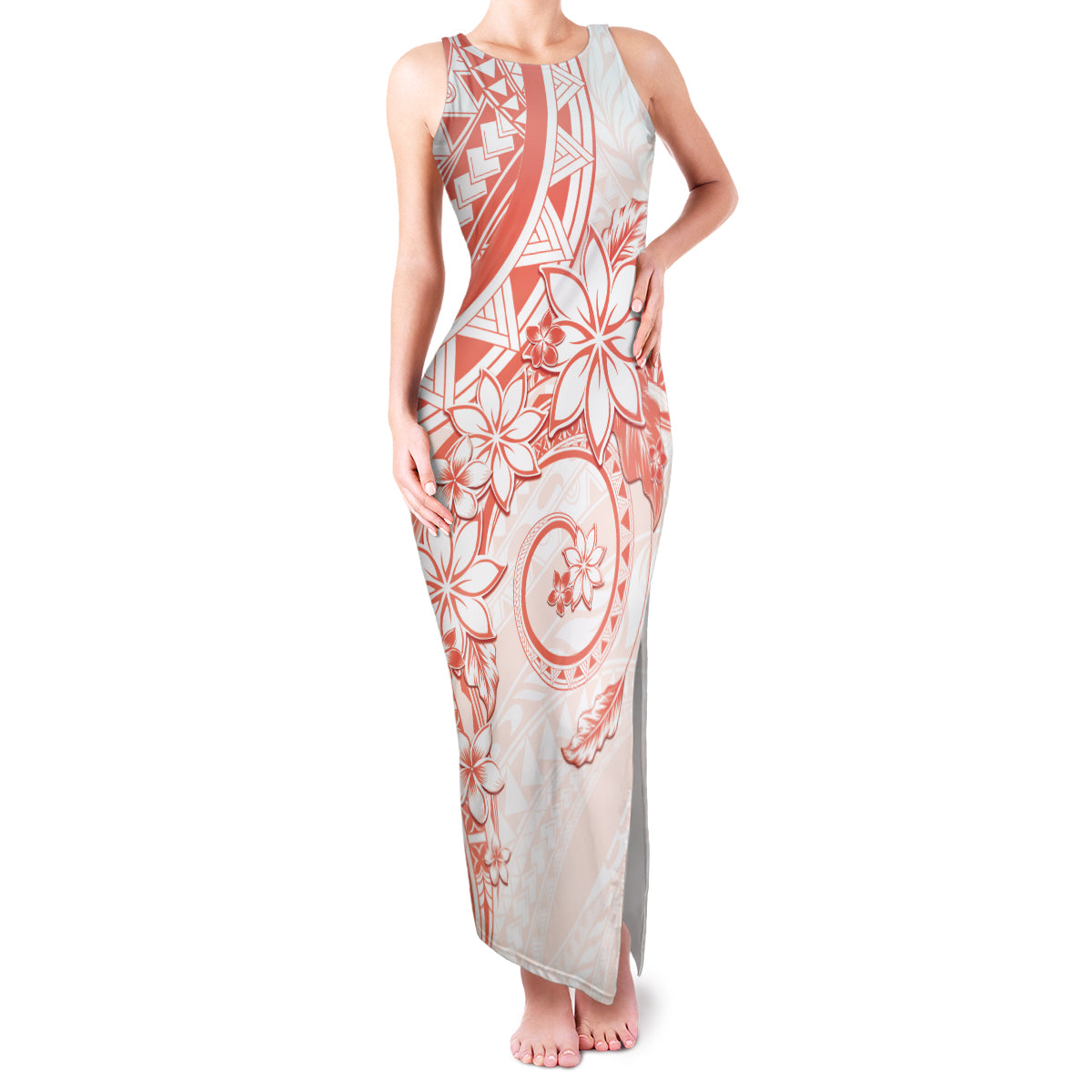 Polynesian Pattern With Plumeria Flowers Family Matching Tank Maxi Dress and Hawaiian Shirt Orange Peach LT05 Mom's Dress Peach - Polynesian Pride