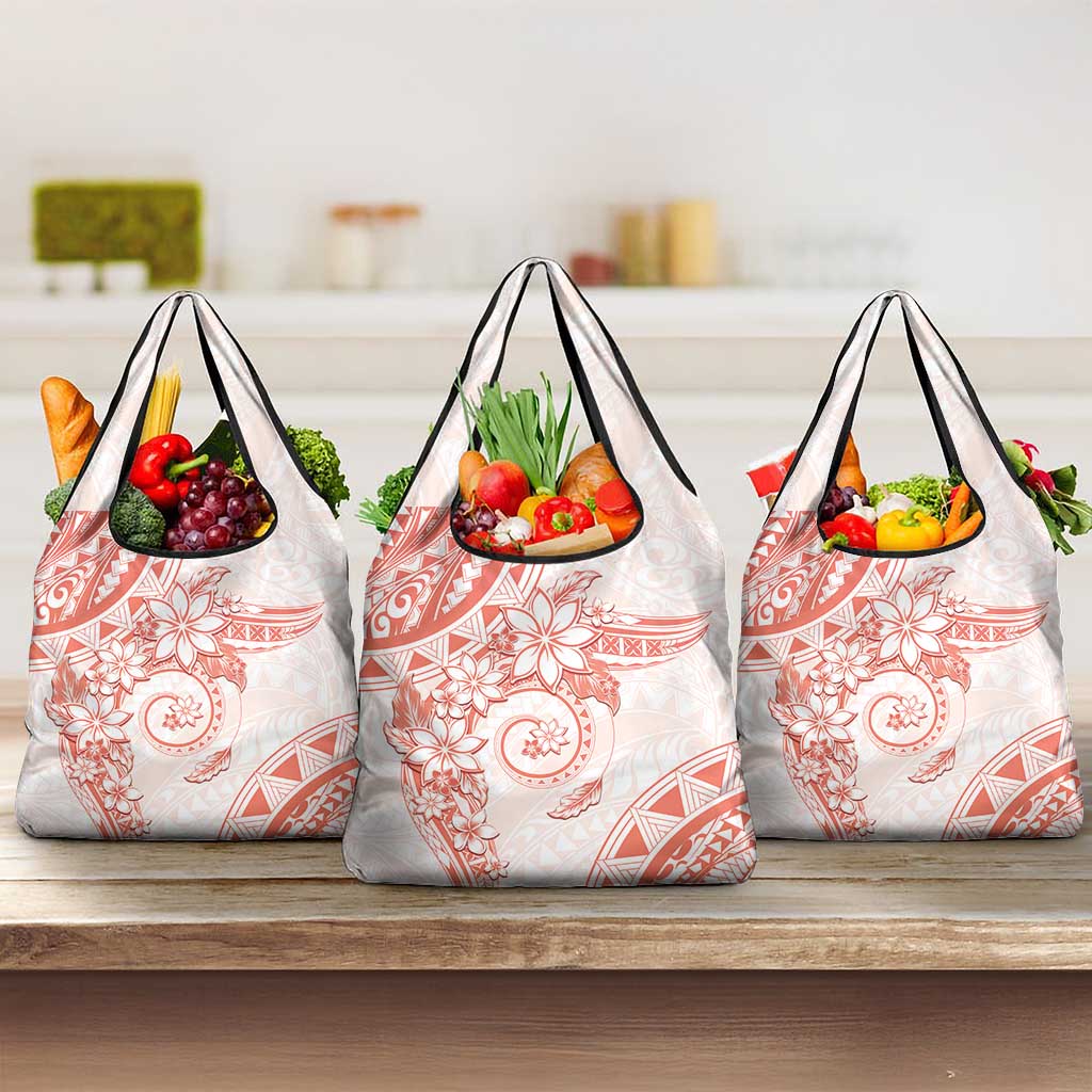 Polynesian Pattern With Plumeria Flowers Grocery Bag Orange Peach