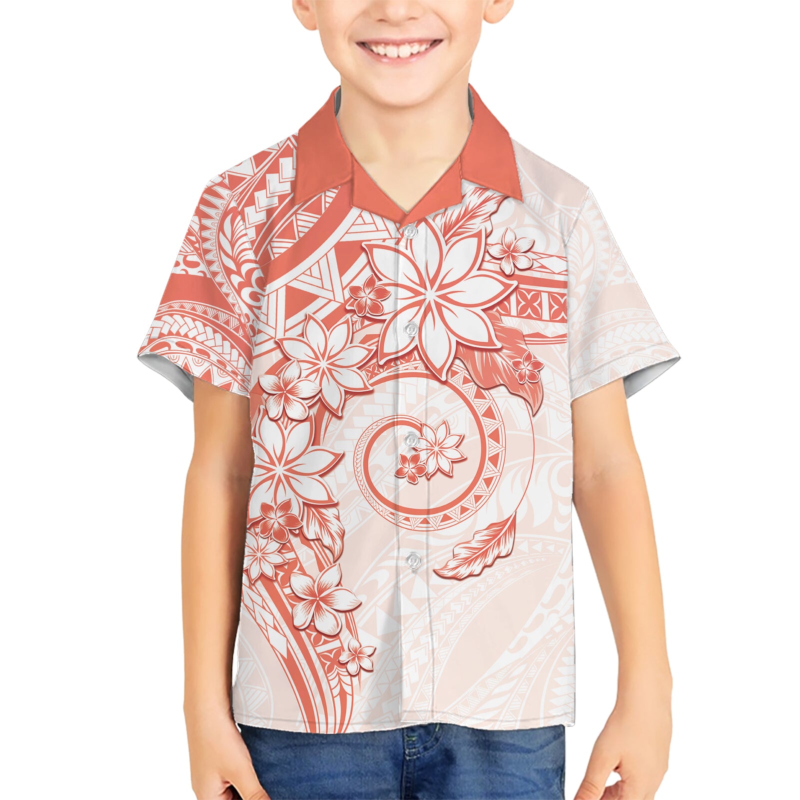 Polynesian Pattern With Plumeria Flowers Kid Hawaiian Shirt Orange Peach